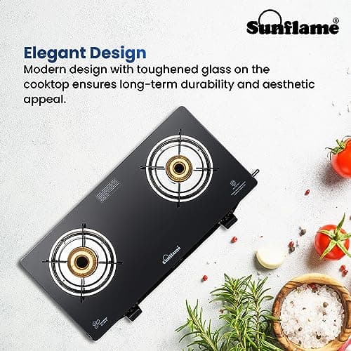 Sunflame Pride 2 Burner Gas Stove 60 cm Wide | 1 Medium and 1 Small Brass Burners | 2-Years Product Coverage by Sunflame | Ergonomic Knobs | Easy to Maintain | Toughened Glass Top | Black 6