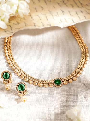 Rubans Womens 22K Gold-Plated Dark Emerald Green Stone & Pearl Beaded Traditional Necklace Set 3