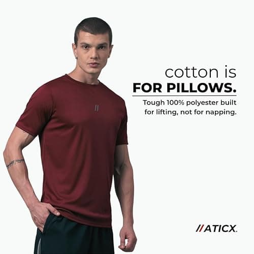 ATICX Slim Fit Pack of 3 Polyester Sports T-Shirts for Men - Round Neck Quick Dry Half Sleeve Breathable Stylish Gym & Workout Combo for Running, Cycling, Football, Swimming, Black, Grey & Wine, XXL 4