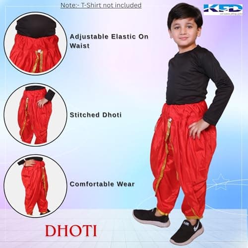 Kaku Fancy Dresses Red Dhoti For Kids, 7-8 Y, Unisex, Traditional, Polyester, Lightweight, Pull-On, Solid 3