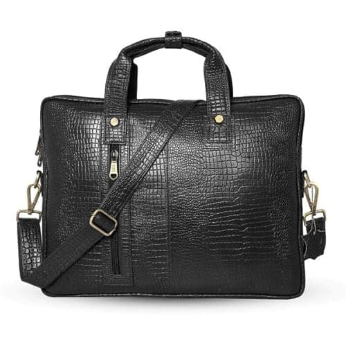 UZR INDIA Croc-Textured Leather Messenger Bag, Luxury Formal Sling for Men (Black)