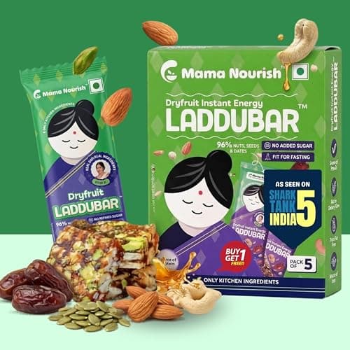 LADDUBAR Dryfruit Energy Bars | 10% Protein | 96% Dryfruits & Dates | Purchase one get one | Gluten Free | No Refined Sugar | Fasting Friendly | Mama Nourish | Pack of 1(5 Bars x 35g) | As Seen on Sha