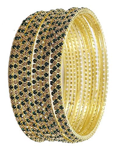 ZULKA Non-Precious Metal Base Metal with Zircon Gemstone Studded worked Glossy Finished Bangle Set For Women and Girls, (Green-Golden_2.2 Inches), Pack Of 12 Bangle Set