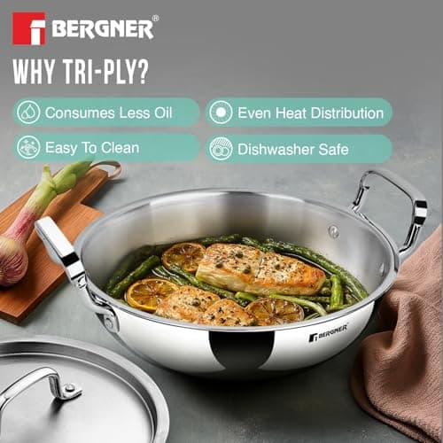 BERGNER TriPro Tri-Ply Stainless Steel 24cm (3 L) Deep Kadai/Kadhai with Stainless Steel Lid, Durable Stay Cool Handles, Healthy Cooking, Less Oil Use, Easy to Clean - Induction and Gas Stove Ready 4
