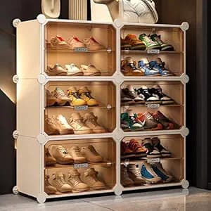 Zemic Plastic Shoe Rack for Home | 𝟏𝟐 𝐒𝐡𝐞𝐥𝐟 DIY Shoe Rack with Door 𝐌𝐚𝐠𝐧𝐞𝐭𝐬 for Home Storage Plastic Box Organizer, Metal Door Frame, Chappal Slipper Sandal Stand【White, 12-SHELF-6-DOOR】
