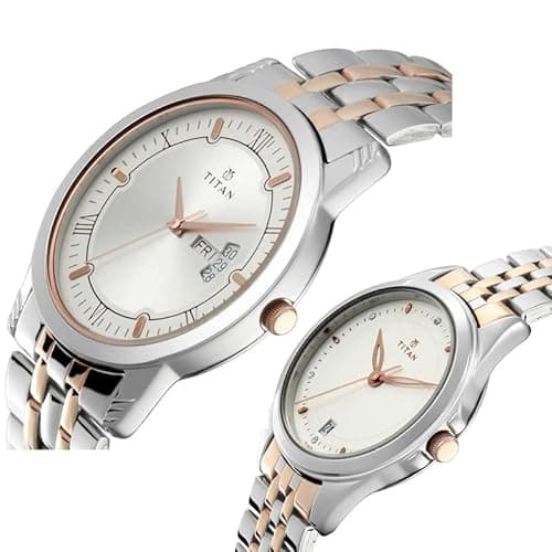 Titan Bandhan Quartz Analog with Day and Date Silver Dial Two Toned Silver and Rose Gold Stainless Steel Strap Watch for Couple - NT17742565KM01 2