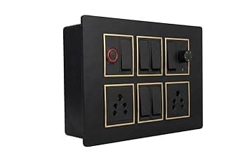 Wall Board with 6 Switches, 1 Fan Regulator, 2 x 5A Sockets and 1 Indicator, Black with Gold Trim, 8x6x2 Inch