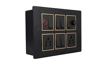 Wall Board with 6 Switches, 1 Fan Regulator, 2 x 5A Sockets and 1 Indicator, Black with Gold Trim, 8x6x2 Inch
