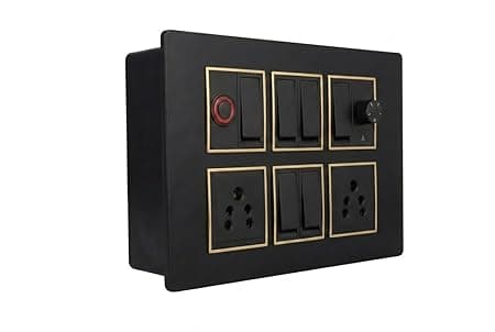 Wall Board with 6 Switches, 1 Fan Regulator, 2 x 5A Sockets and 1 Indicator, Black with Gold Trim, 8x6x2 Inch