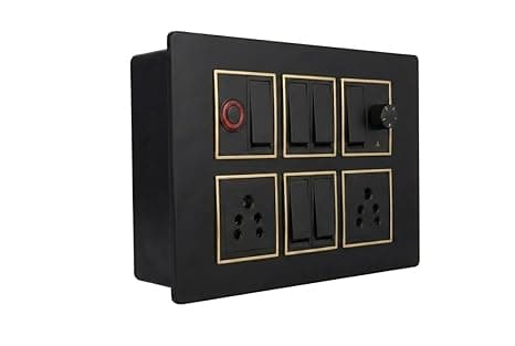Wall Board with 6 Switches, 1 Fan Regulator, 2 x 5A Sockets and 1 Indicator, Black with Gold Trim, 8x6x2 Inch