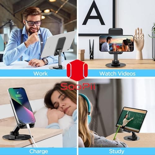 SOOPII Desktop Premium-A Quality Rotatable Cell Phone Stand Holder for Desk Foldable iPhone Stand for Desk Height Adjustable Phone Holder Portable Desktop Stand for All Mobile Phone & Tablet 4-10'' 3