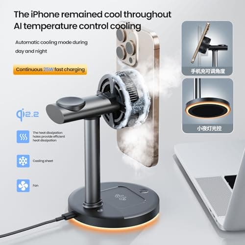 QI 2.2 25W Wireless Charger with Cooling Fan Smart Magnet Charger Stand for Apple Products, 3 in 1 Magnetic Charging Station for iPhone 17/1615/14/13/12 Series, Airpods Apple Watch (Black) 2
