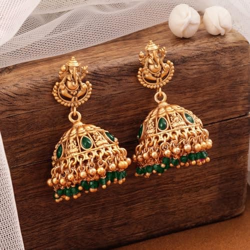 Rubans Earrings Temple Divine Ganesha Jhumka Emerald Green Color Jewellery Gift for Women & Girls 5