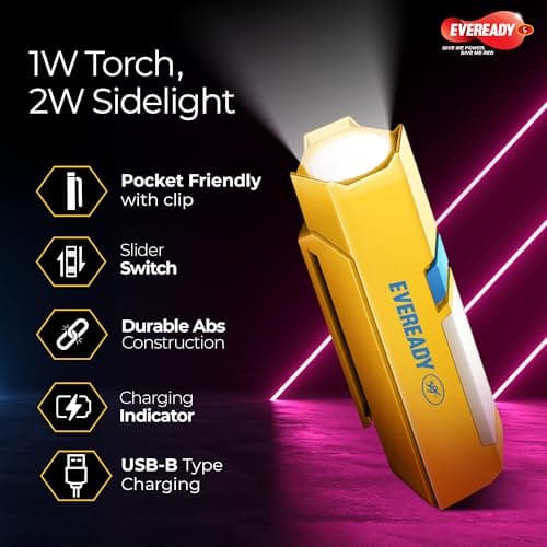 Eveready DL 101 Minimight, 1W Rechargeable LED Emergency Torch + 2W Sidelight, Pocket-Friendly Hexagonal Design, Hands-Free Clip, Type B/Micro USB Charging, Overcharge & Deep Discharge Protection 3