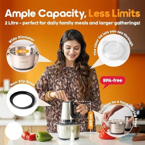 Twinleaf Electric Meat Grinder & Food Chopper Stainless Steel Bowl | 800W 3-Speed Electric Chopper for Kitchen with 4 Blades | Meat Mincer, Vegetable & Onion Chopper, Food Processor (3 Liter - Handle) 3