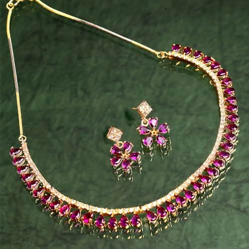 ZENEME Gold Plated American Diamond Necklace with Earrings Jewellery for Women & Girls (Purple) 3