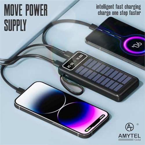 AMYTEL 10000mAh Solar Power Bank with Built-in Type-C & Lightning Cable, LED Flashlight, Fast Charging Portable Charger for Mobile – Black 6