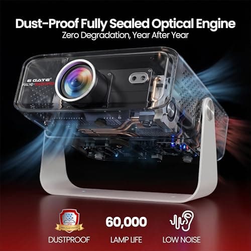 E Gate Duster 8X Projector 4k Ultra HD | Official Netflix, Prime, Sony | 100% DustFree & Certified Android Whale OS | 8X Brighter, 1080p Native, Fully Automatic, HDMI-ARC, Chat GPT Voice Remote, EGATE 3