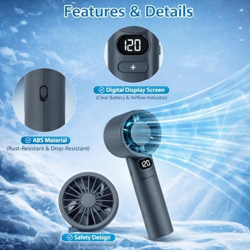 One94Store Handheld Rechargeable Fan, Portable Mini Electric Fan with 1200mAh Battery, 120 Speed Levels with Long-Press Speed Control, Personal Cooling Fan for Travel, Office & Home, Grey 5