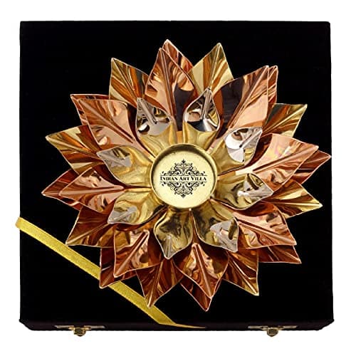 Indian Art Villa Pure Copper Lotus Design Tea Light Candle Diya / Deepak with Black Velvet Gift Box, Colour-Gold, Silver & Brown, Width-8 Inches 3