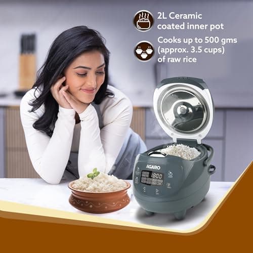 AGARO Imperial Electric Rice Cooker, 2L Ceramic Coated Inner Bowl, 500 gms (approx. 3.5 cups) raw rice, Steam Basket, 8 Preset Cooking Function, Advanced Fuzzy Logic, 24Hrs Keep Warm Function, 350W 2