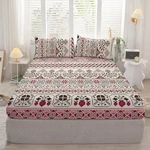 DECOMIZER Cotton Feel All Around Elastic Fitted Glace Printed King Size Double Bed Bedsheet with 2 Large Pillow Covers Fits Upto Mattress of 8 Inches,Size - 72 x 78 x 10 Inches, White Vase Zig