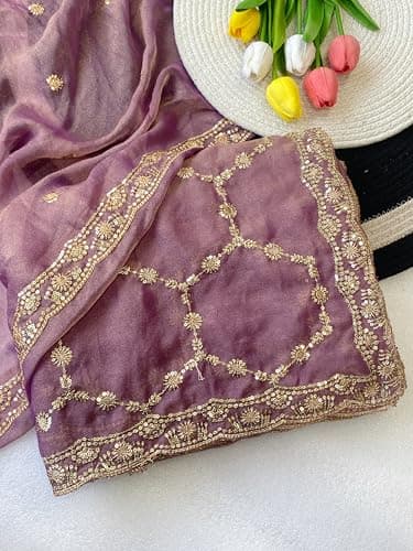 Flosive"Elegant Lavender Silk Saree for Women with Zari Embroidery, Sequin Work & Designer Blouse Piece for Wedding, Party & Festive 4