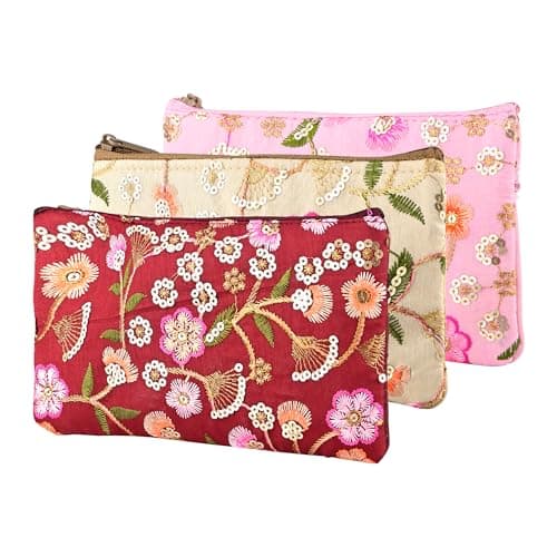 Heart Home 3 Pcs Traditional Hand Purse Ladies with Zip | Embroidery Wallet Purse For Women |Return Gift for Ladies | New Flower - Cream, Maroon & Light Pink