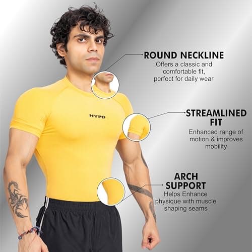HYPD Stealth Compression T-Shirt for Men | Skin Fit Dry Fit T-Shirt | Stretchable Gym & Sportswear | Short Sleeve Activewear for Workout, Running, Fitness & Training (in, Alpha, L, Regular, Yellow) 4