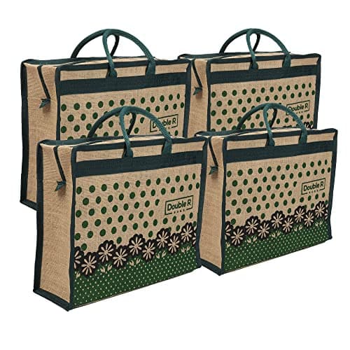 DOUBLE R BAGS Jute Eco-Friendly Tote Bag: Stylish, Spacious, and Sustainable - Perfect for Everyday Errands and Adventures! (Green, Pack of 4)