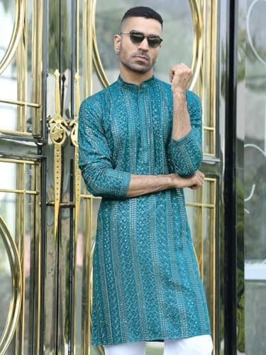 KRAFT INDIA Men Silk Rayon Ethnic Motifs Embroidered Mandarin Collar Sequinned Teal Blue Kurta with Elastic Waistband White Pyjama 5