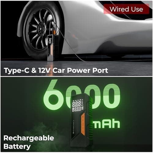 Zebronics, Portable Tyre Inflator, Wired and Wireless, 150 PSI Turbo Inflation, Digital Display, 6000 mAh Rechargeable Battery, Type-C & 12V Support, Power Bank, SOS Light, Multi Nozzles (19TI6A) 3
