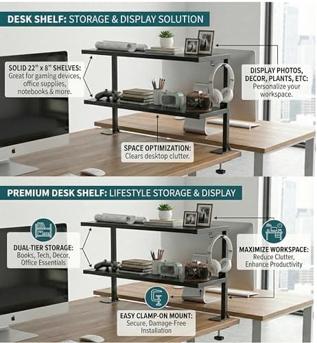 Tisany 22 Inch Adjustable Storage Organizer with Headphone Holder, Heavy Duty Desk Shelf Clamp-On Above or Under -Desktop, Over or Under Table 6