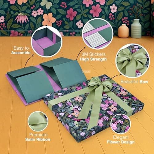 RBS®- Gift Box for Packing (21 X 27 X 11Cm) Hamper Box for Gift empty (1 Pack) Multipurpose Christmas Gift Box Holding Upto 5Kg Pre-Attached Ribbon Reuse boxes for gift (Olive Orchid) 3