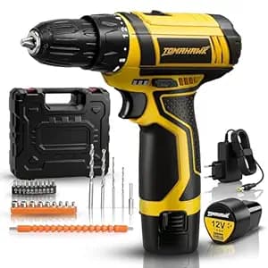 Tomahawk T7600-S 12V Cordless Drill/Screwdriver Kit 10mm Keyless Chuck 2-Speed (350/1350 RPM) 1.5Ah Single Battery LED Light, Battery Indicator DIY, Home & Woodworking Tool Set with Case