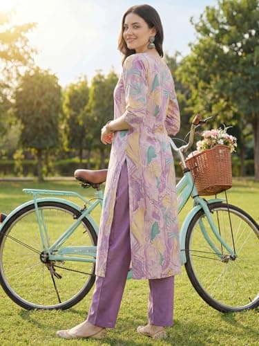 INDO ERA Women's Cream Cotton Blend Floral Printed Straight Fusion Kurta & Palazzo Set 3
