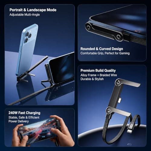 240W USB C to USB C Fast Charging Cable with Foldable Adjustable Phone Stand, PD Type C Braided Charger Cord 1.5M for Gaming, Desk, iPhone 15/16, Samsung, MacBook & Laptops 5