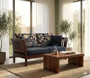 Solid Sheesham Wood Wooden 2 Seater Sofa Set For Living Room | Sofa For Home With Cousins Seat | Home Furniture, Brown