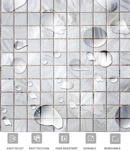 Mosaic Bleucoin Peel and Stick Floor Tiles Anti-Slip Vinyl Decals for Home, Kitchen, Bathroom,Remove Water Resistant DIY Renter-Friendly Flooring Solution Pack of 12 (White, 6" x 6" Inches) 3