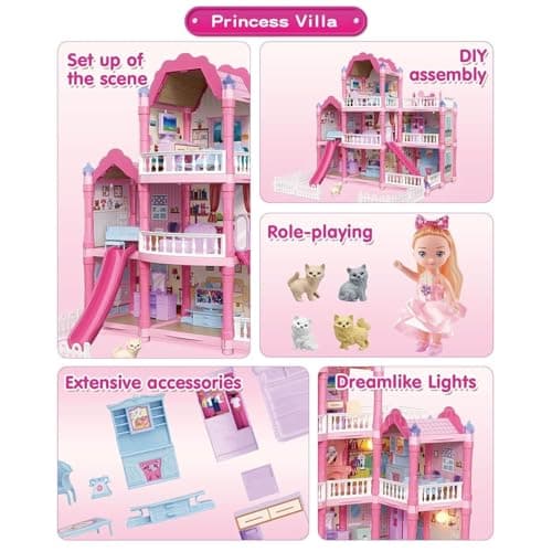 Big Style 3-Story Princess Dollhouse with Slide & Furniture | Luxury Pink Castle Doll House Toy for Girls | DIY Pretend Play Villa Playset Birthday Gift for Kids (195 pcs) 3