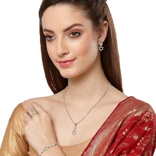 ZENEME Jewellery Set for Women American Diamond Star Shaped Necklace Set with Earrings, Bracelet and Ring Jewellery for Girls and Women 4