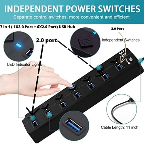 VIBOTON USB Hub with Type c OTG Dongle, USB Hub 7 Ports, 1 x 3.0 Port Cable Side, and 6 x 2.0 Ports, Hub for Laptop, 7-Port Hub with Individual Switches and Lights, High Speed Hub (Black) Cable - 30CM 2