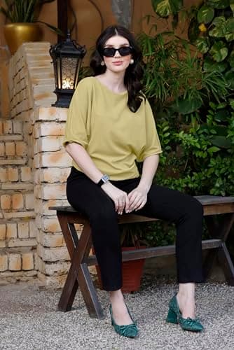 Zilcon Womens Half Ballon Sleeve t-Shirt Tops Boat Neck Loose Fit Casual Workout T-Shirts (in, Alpha, M, Regular, Dark Beige) 3