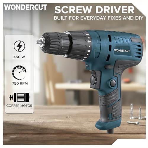 WONDERCUT 450W, WC-ESD-10-B Electric Screwdriver 10mm, 750RPM, Copper Armature, Keyless Chuck, LED Light R/F, Variable Speed, Torque 19+1 Drill Mode with 1 Pcs Screw Bit 2