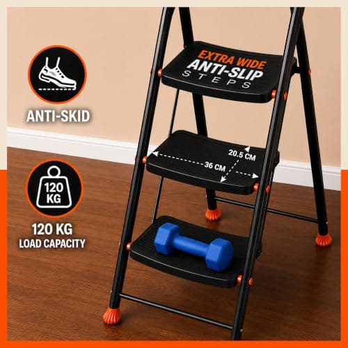 Bathla 4 Step Ascend Steel Ladder for Home Use | Large Platform (36 x 20.5 cm) | Wide Anti-Skid Steps | Safety Hand Grip | Heavy Duty Foldable | 120 kg Capacity | 2-Year Warranty | Orange & Black 2