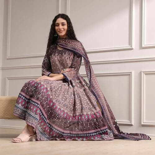 Biba Women Mud Brown Cotton Anarkali Printed Kurta Set_34 2