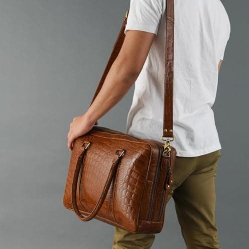 MaheTri Easton Premium Buffalo Leather Laptop Office Briefcase | Genuine Leather, Padded Laptop Compartment & Multi-Pocket Organisation | Adjustable Shoulder Strap & Brass-Tone Hardware 5