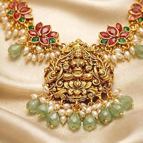 Visaga Aura Traditional Gold Plated Guttapusalu Necklace Set with Lakshmi Pendant,Lotus Design & Pearl Drops for Girls and Women | South Indian Temple Style Imitation Jewelry 2