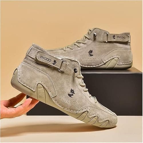 Zixer Men's Italian Suede Leather Velcro Sneakers - Comfortable Casual Walking Shoes with Laces Up, Soft AIR Mix and Non-Slip Sole for Everyday Wear Beige 2