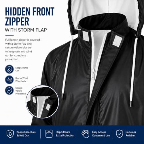 Rain Coat for Men Waterproof, Hypora Fabric Rain Suit with Hood, Jacket & Pant Set, Hidden Front Zipper, Lightweight Windproof Rain Wear, Large Pockets for Bike Riding, Trekking & Outdoor Work, BLACK 4